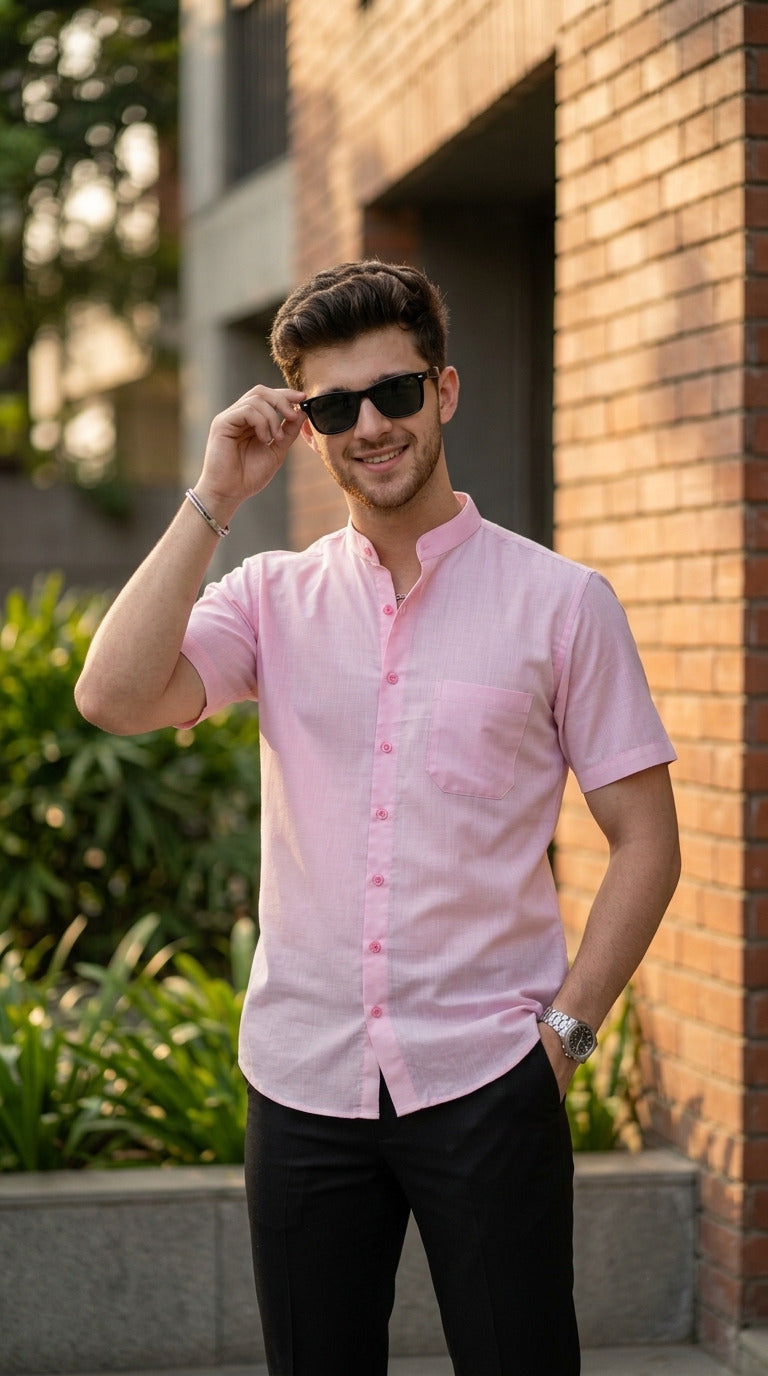 [DS-C-MG] Men's Pink chinese collar Cotton Shirt