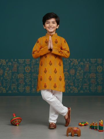 [DBKS-MGAO] Boy's Yellow Ethnic motifs Printed cotton kurta Set