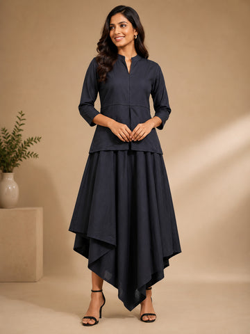 Women's Black Cotton Linen Dress – V-Neck