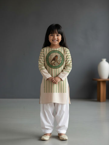 [DGKS-MGSP-RN] Girls Beige Ethnic Motifs Printed Cotton Kurti Set