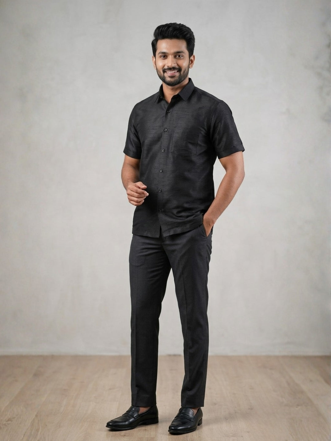 [DS-DP] Men's Black Solid Textured Art Silk Shirt