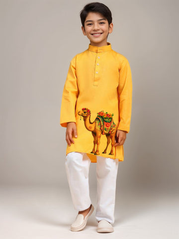 Boys Yellow Printed Kurta with Pyjama Set