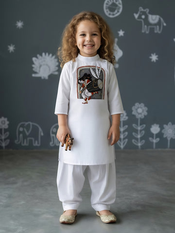 [DGKS-MGSP-B] Girls White Ethnic motifs Printed Cotton Kurti Set