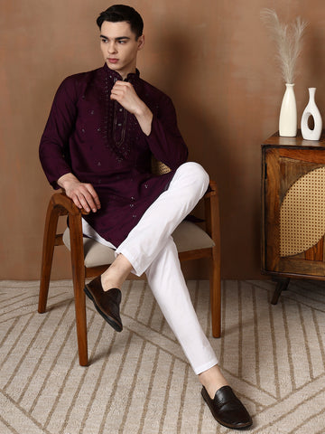 [MDE] Men's Purple Mirror & Thread Work Modal Silk Kurta Set
