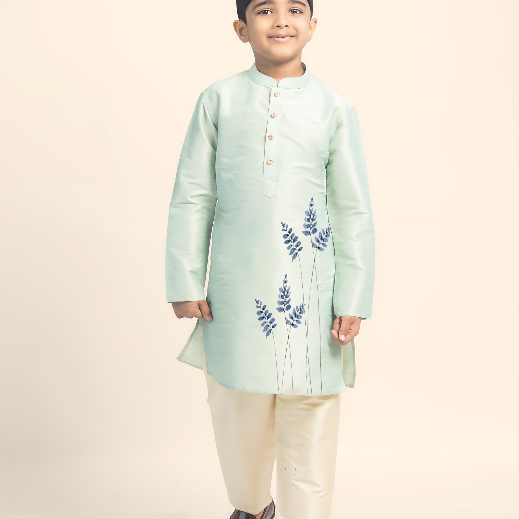 Boys Green Printed Kurta with Beige Pyjama Set