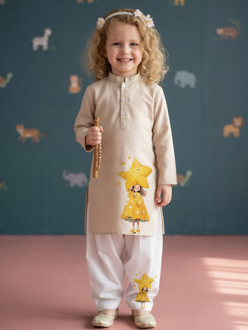 [DGKS-MGSP] Girls Beige Ethnic motifs Printed Cotton Kurti Set