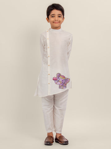 Boys White Printed Kurta With Pyjama Set