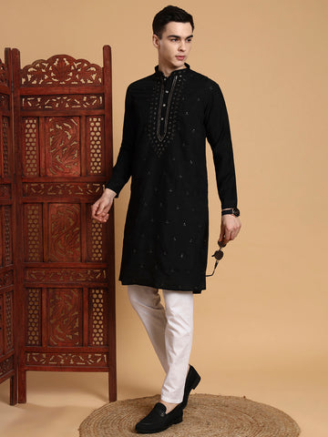 [MDE] Men's Black Mirror & Thread Work Modal Silk Kurta Set