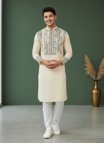 [MGSP-B] Men's Beige Ethnic Print Side Placket Cotton Kurta Set