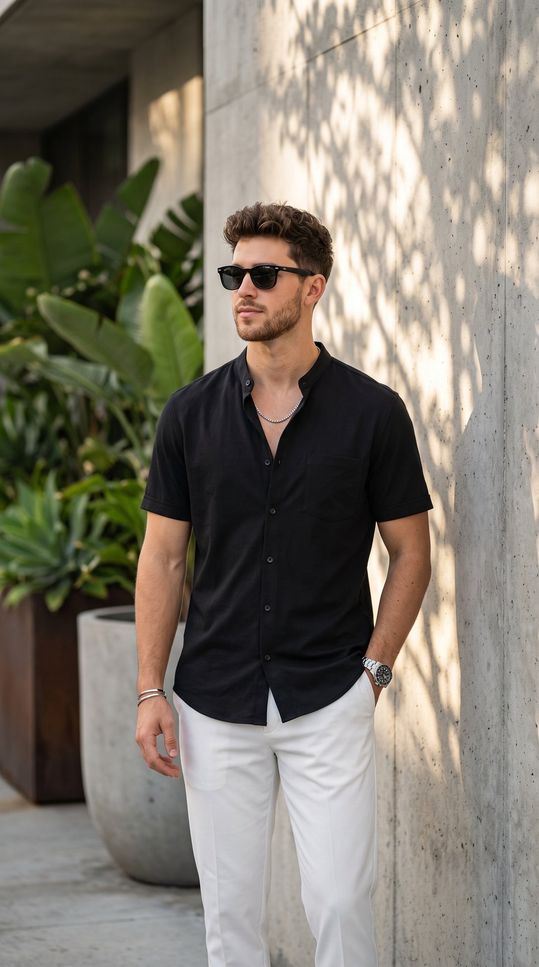 [DS-C-MG] Men's Black chinese collar Cotton Shirt