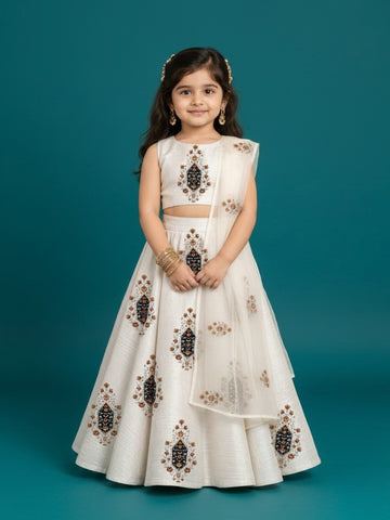 Girls' Off-White Art Silk Lehenga Set – Printed