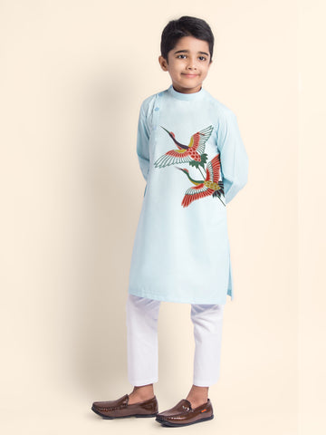Boys Sky Blue Printed Kurta With Pyjama Set