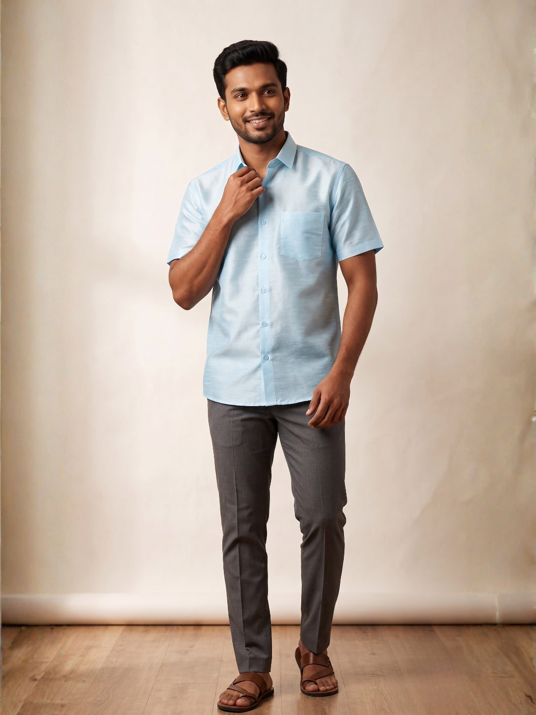[DS-DP] Men's Sky Blue Solid Textured Art Silk Shirt