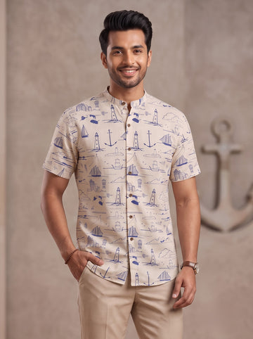 [DS-C-MGSP] Men's Beige Ethnic Printed Cotton Shirt