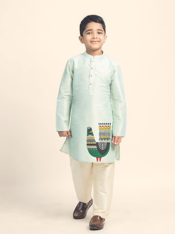 Boys Green Printed Kurta with Beige Pyjama Set