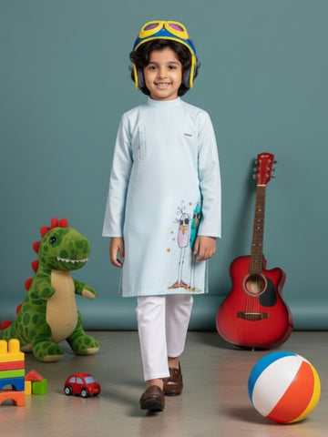 [DBKS-MGSP-B] Boy's Sky Blue Ethnic motifs Print cotton kurta Set