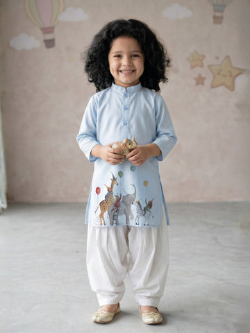 [DGKS-MGSP] Girls Sky Blue Ethnic Motifs Printed Cotton Kurti Set