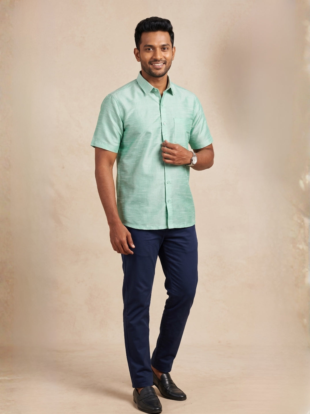 [DS-DP] Men's Green Solid Textured Art Silk Shirt