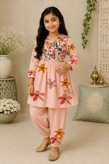 Girls' Peach Cotton Kurti Set – Printed