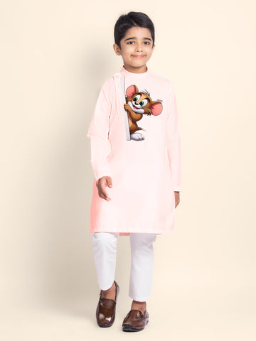 Boys Pink Cotton Kurta Pyjama with Print