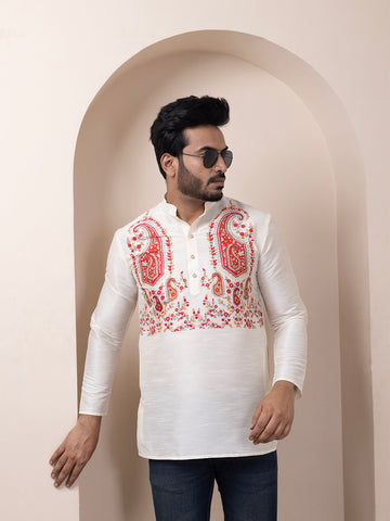 [DPSP-S] Men's White Ethnic Print Art Silk Short Kurta
