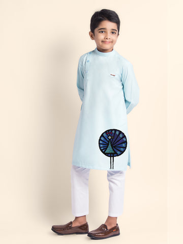 Boys Sky Blue Printed Kurta With Pyjama Set