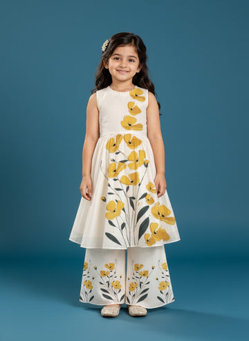 Girls' Off-White Art Silk Kurti Palazzo Set – Printed