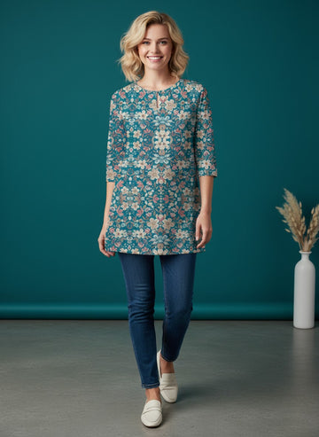 [DF-MGSP] Women Teal Blue Printed Cotton Tunic Top