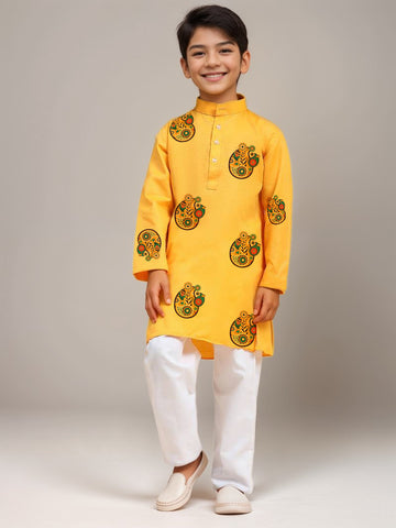 Boys Yellow Printed Kurta with Pyjama Set