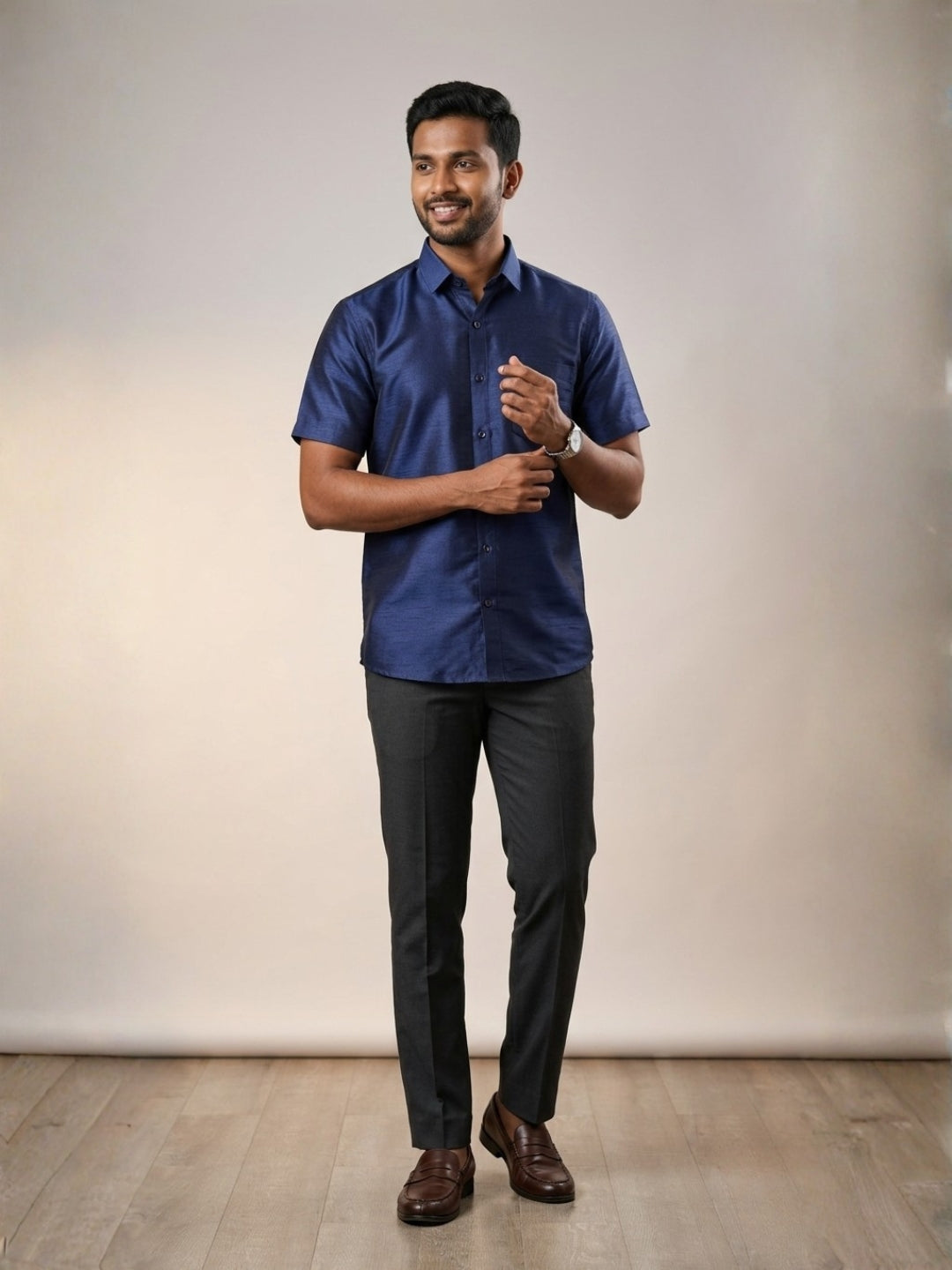 [DS-DP] Men's Blue Solid Textured Art Silk Shirt