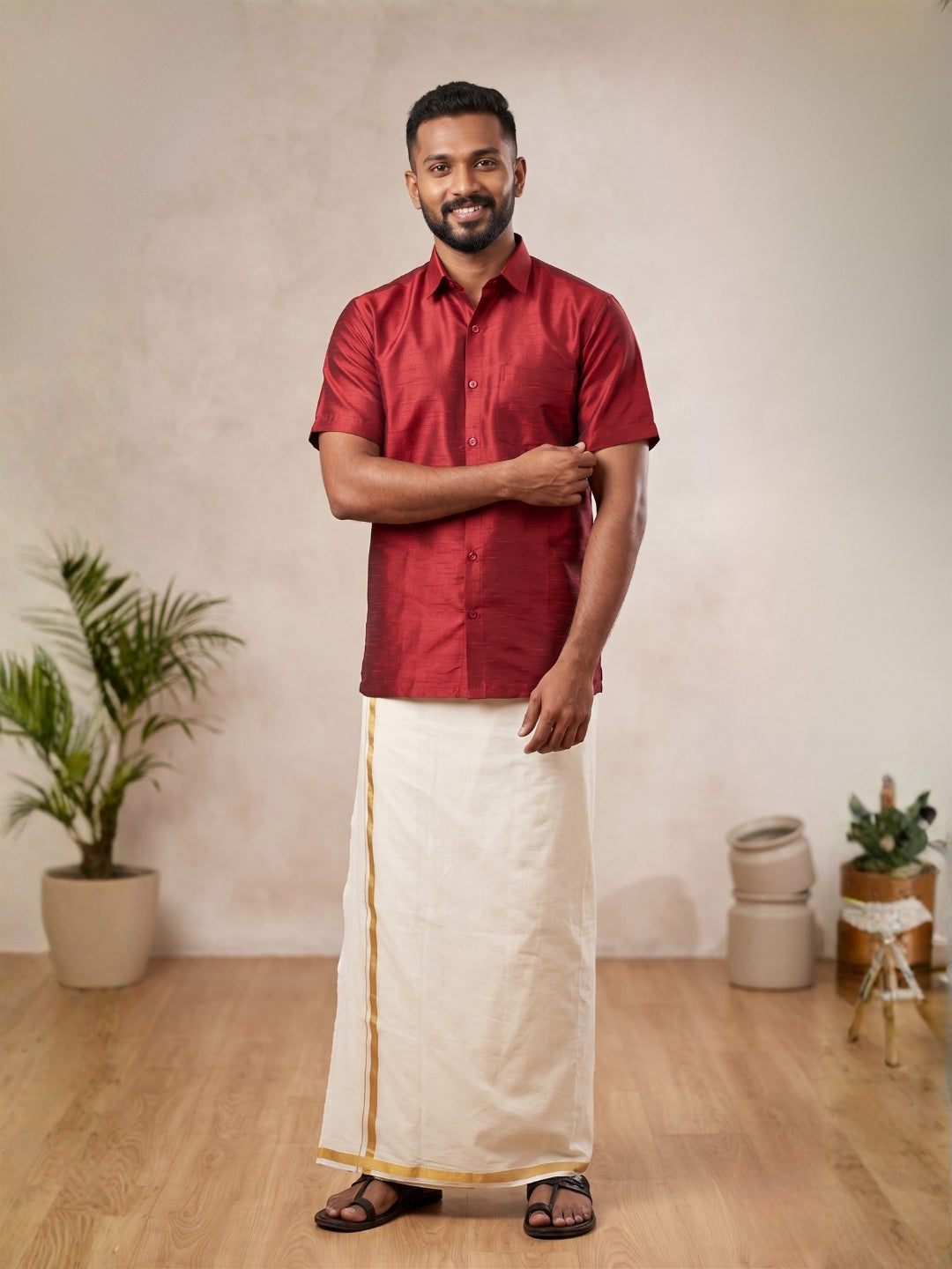 [DS-DP] Men's Red Solid Textured Art Silk Shirt