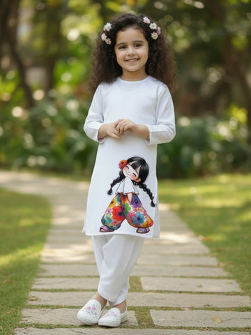 [DGKS-MGSP-RN] Girls White Ethnic Motifs Printed Cotton Kurti Set