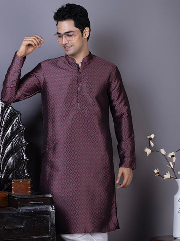 Geometric Woven Design Mandarin Collar Straight Kurta with Pyjama