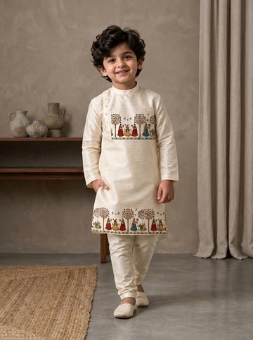 Boy's Off-White Art Silk Kurta Pyjama Set – Ethnic Print & Side Placket