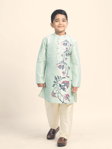 Boys Green Printed Kurta with Beige Pyjama Set