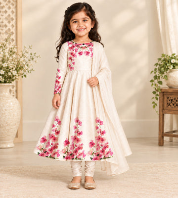 Girls' Off-White Art Silk Kurti and Churidar Pant Set – Printed