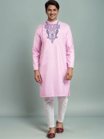 Mens Pink Printed Kurta With Pyjama Set