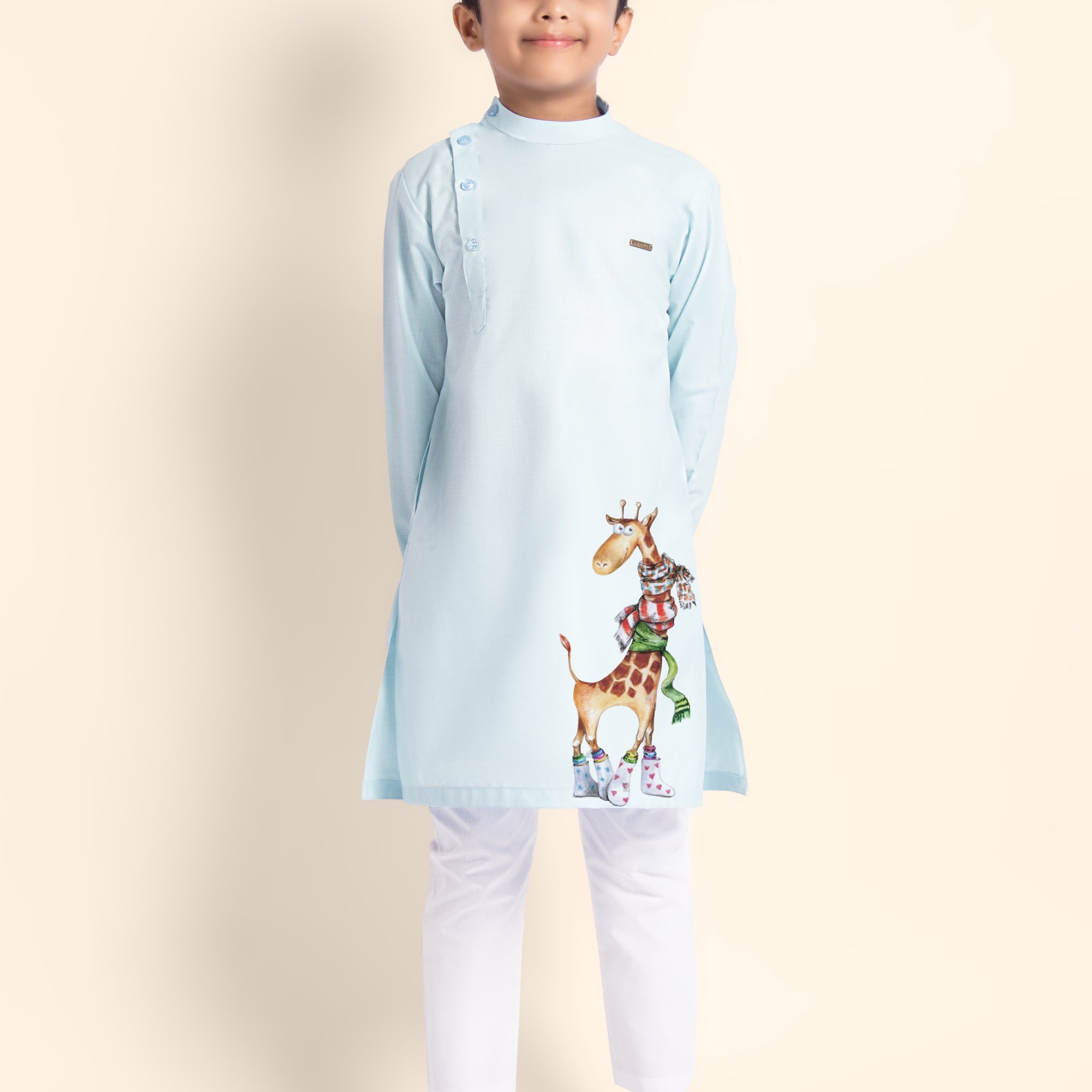 Boys Sky Blue Printed Kurta With Pyjama