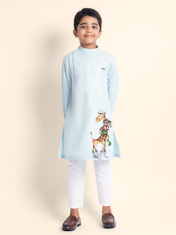 Boys Sky Blue Printed Kurta With Pyjama