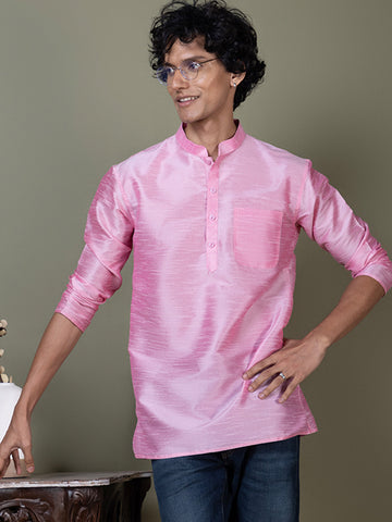 [DPS] Men's Pink Solid Art Silk Short Kurta