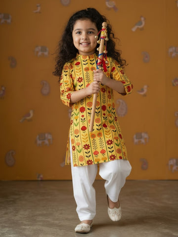 [DGKS-MGSP] Girls Yellow Ethnic Motifs Printed Cotton Kurti Set