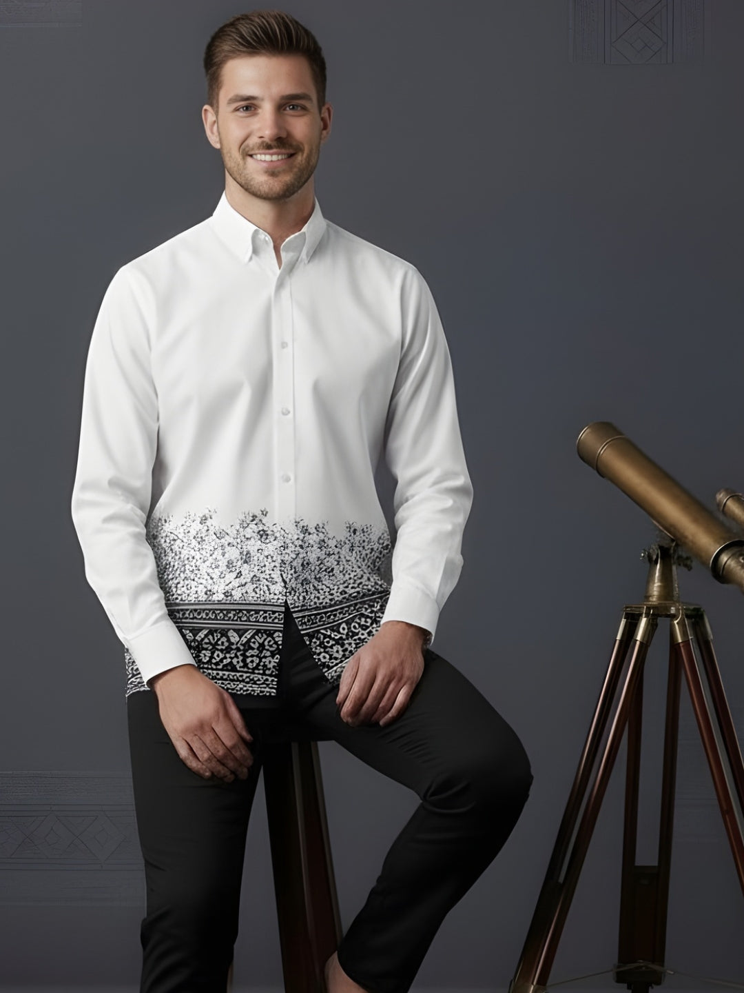 [DS-MGSP] Men's White Ethnic Printed Cotton Shirt