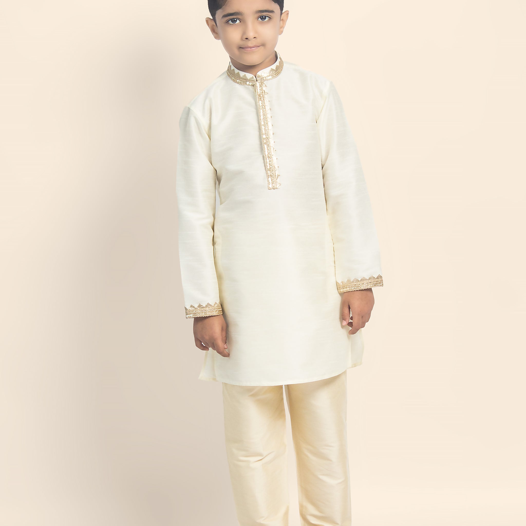 Boys Off White Solid Kurta Set