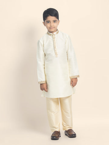 Boys Off White Solid Kurta Set