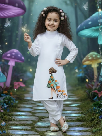 [DGKS-MGSP-B] Girls White Ethnic motifs Printed Cotton Kurti Set