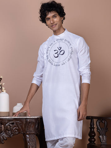 Mens White Side Placket Printed Kurta With Pyjama Set