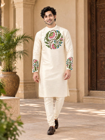 Men's Off-White Art Silk Kurta Pyjama Set – Ethnic Print & Side Placket