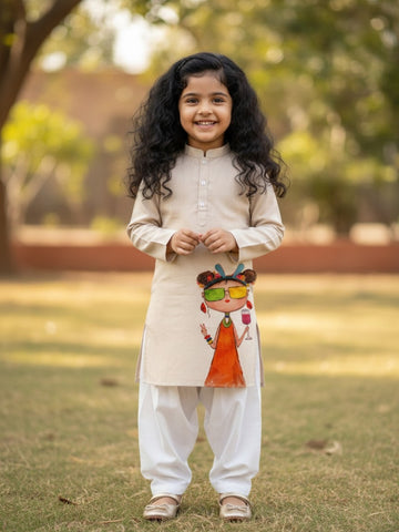Girls' Beige Cotton Kurti Set – Ethnic Print