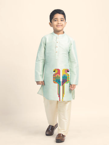 Boys Green Printed Kurta with Beige Pyjama Set