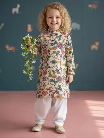 [DGKS-MGSP] Girls Beige Ethnic motifs Printed Cotton Kurti Set